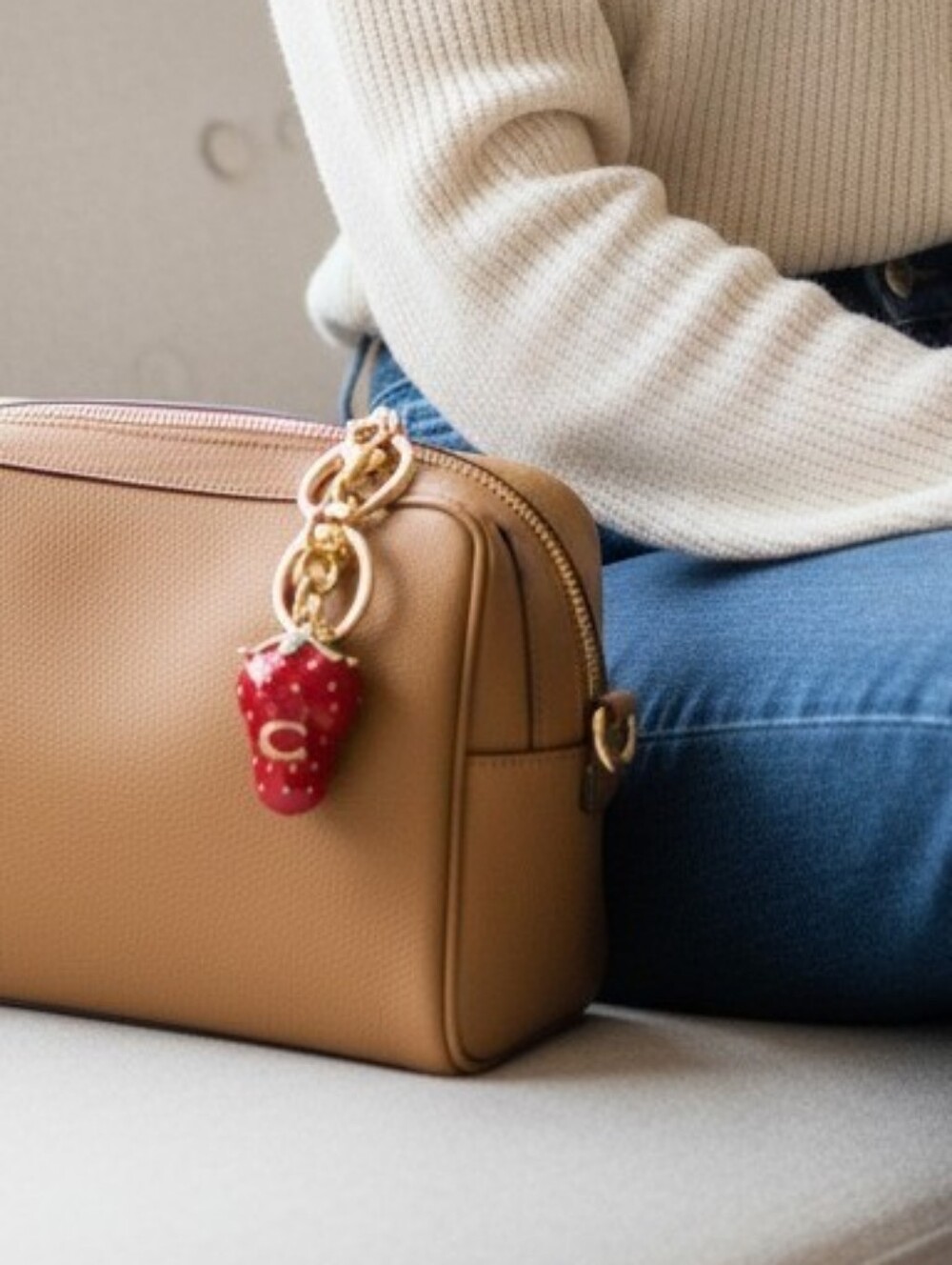 NWT COACH Strawberry Bag Charm Keychain Studded Gold Key Fob Chain